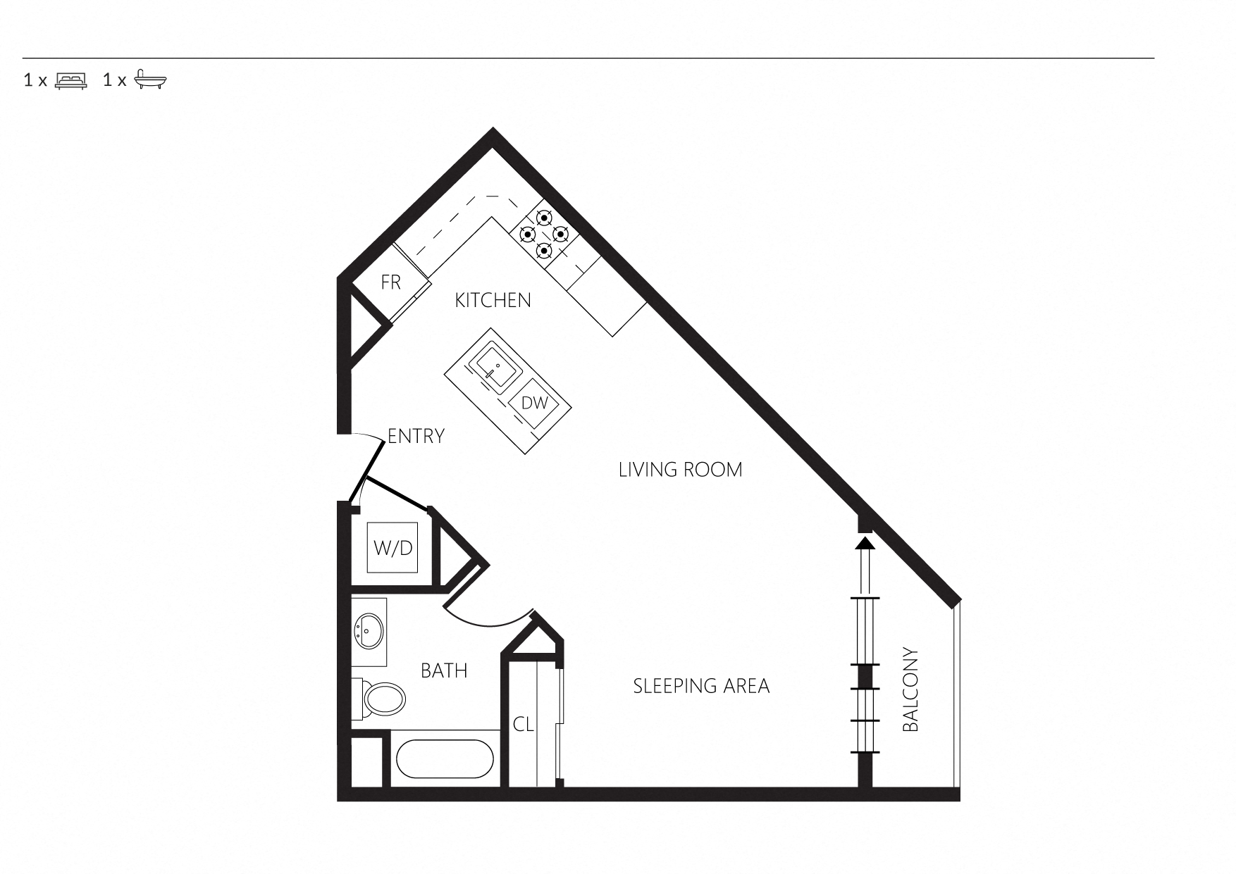 Floor plan for studio, 1 bath, 561 sqft